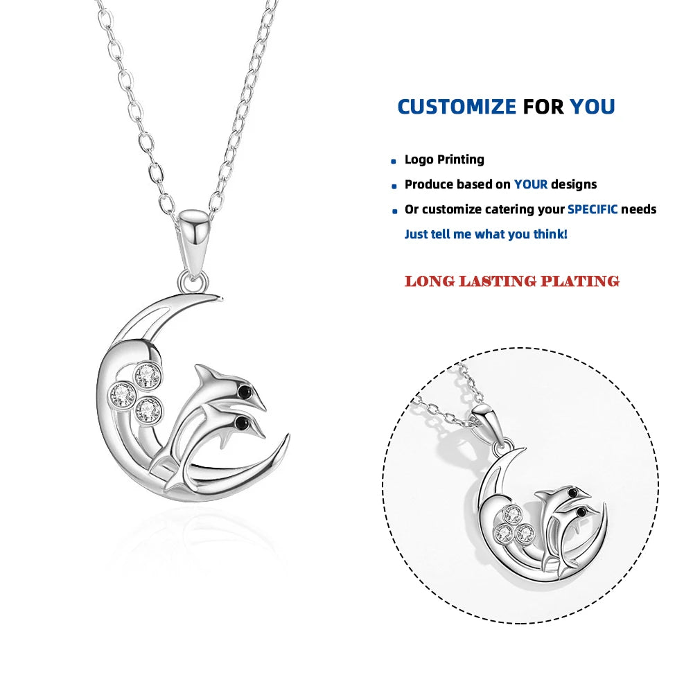 DY904 Fashion Zircon Ocean Fine Jewelry Dolphin Crescent Moon Pendant Necklace Women Chic Bride Fancy Gift 925 Sterling Silver