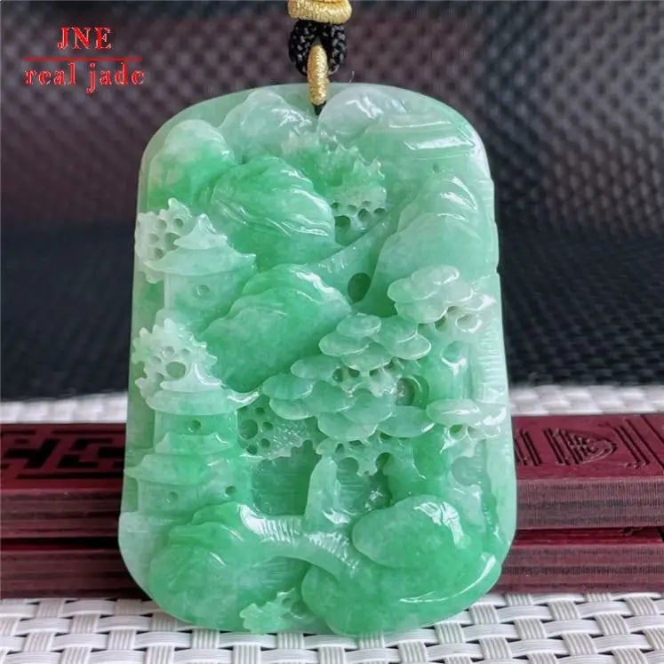 Myanmar a Type Carved Character Brand Jade Pendant Full of Green Landscape Pendant Emerald Pendant 93.40