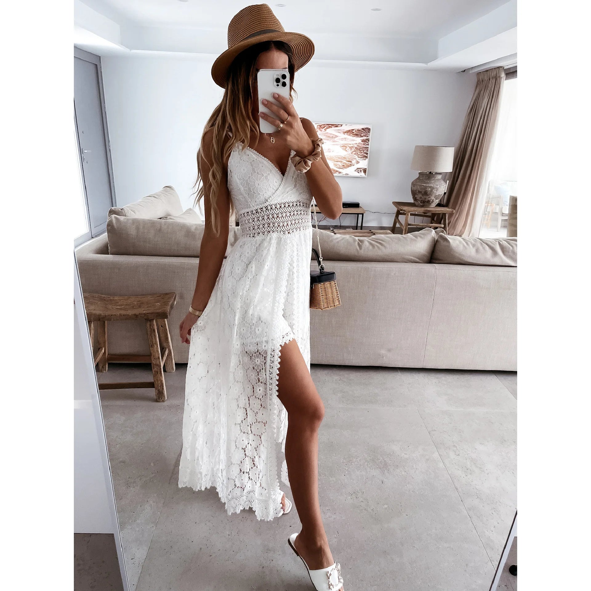 2025 New European - American Sexy Sling - Strapped Patchwork Leisure Jumpsuit INS Home - Vacation Hollow - Out Jumpsuit