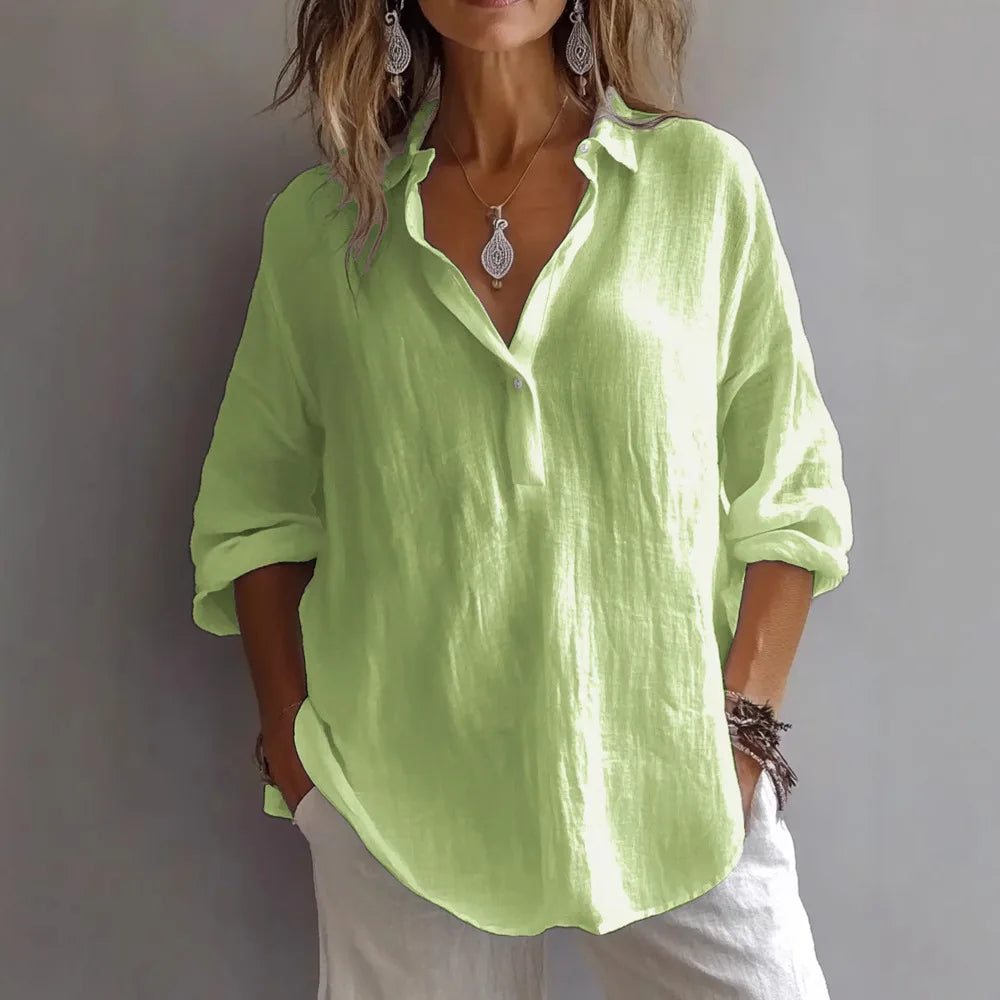 2025 European and American Solid Color V-Neck Shirt Casual Loose Long-Sleeved Woven Plain Dyed for Spring Summer Auttum