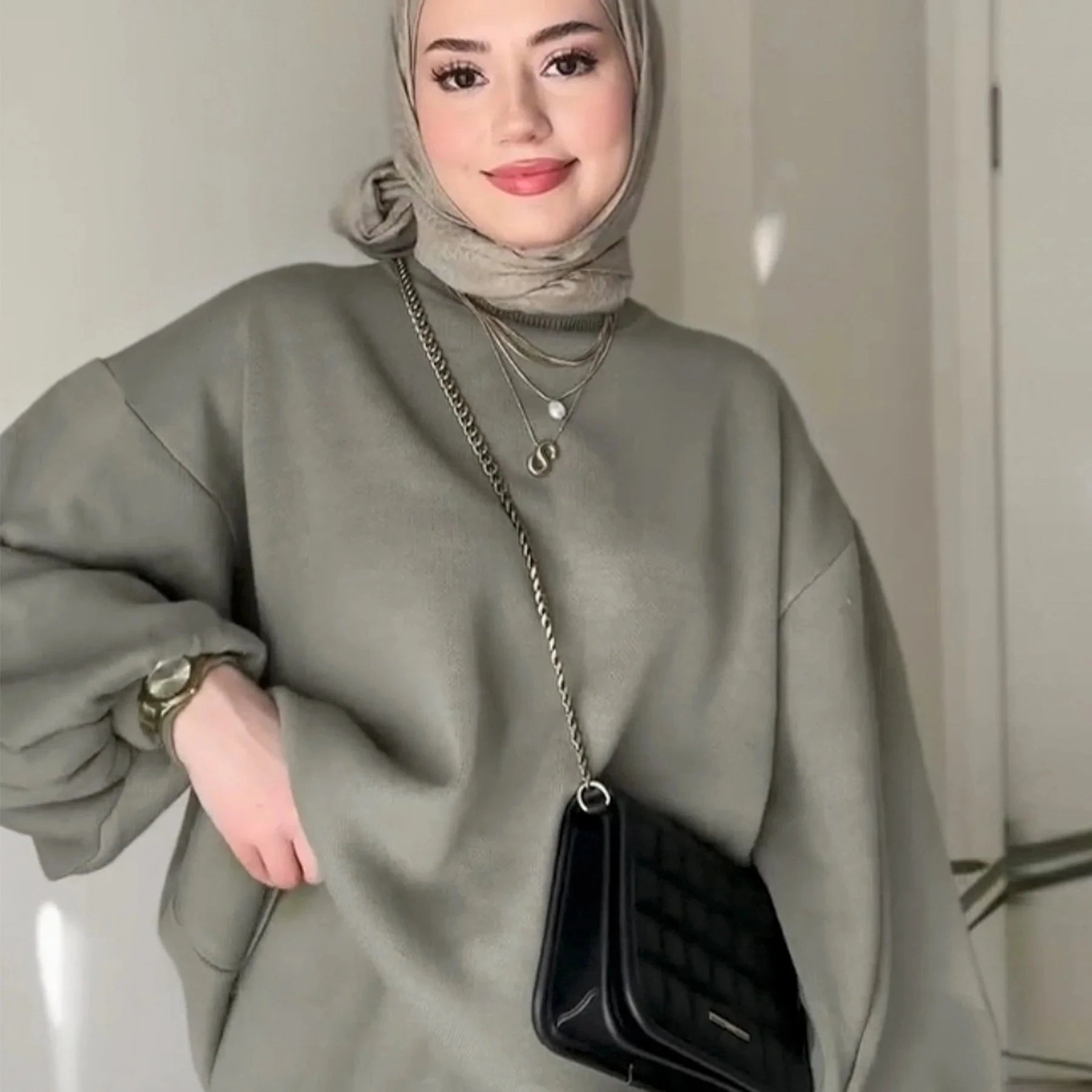 Muslim Womens Winter Knit Two-Piece Modest Set Top and Skirt Abaya Knitted Sweater Set