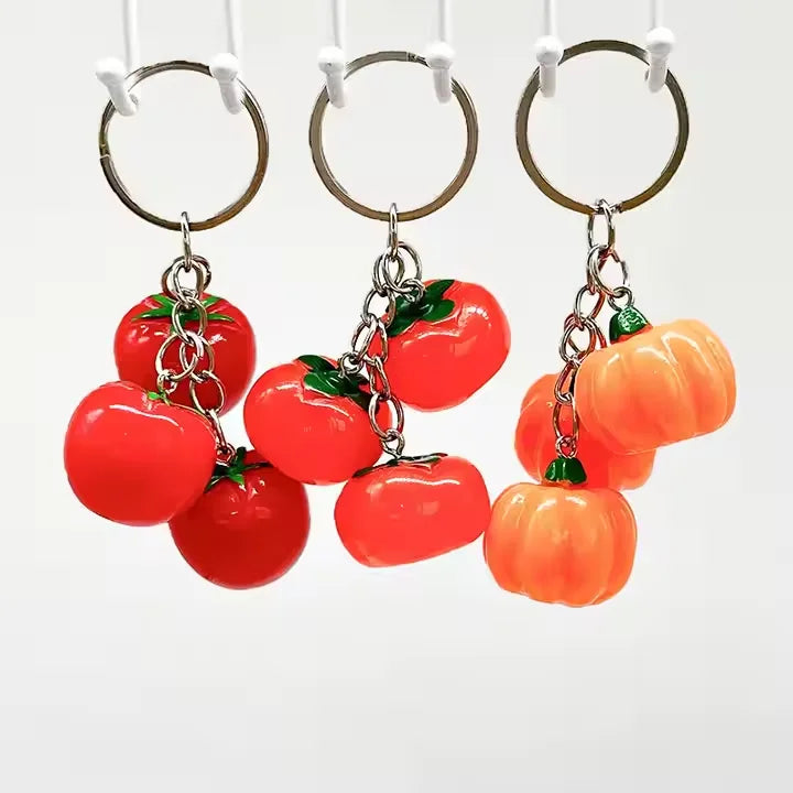 Plastic Simulated Fruit Vegetables Tomato Persimmon Bag Charm Keychain Realistic Pumpkin Key Chains Decorator Jewelry