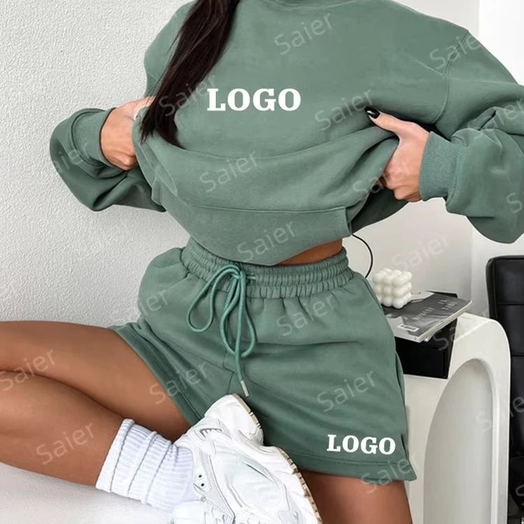 Custom Women's Summer Casual 2-Piece Set Sweatshirt & Knee-Length Jogger Shorts