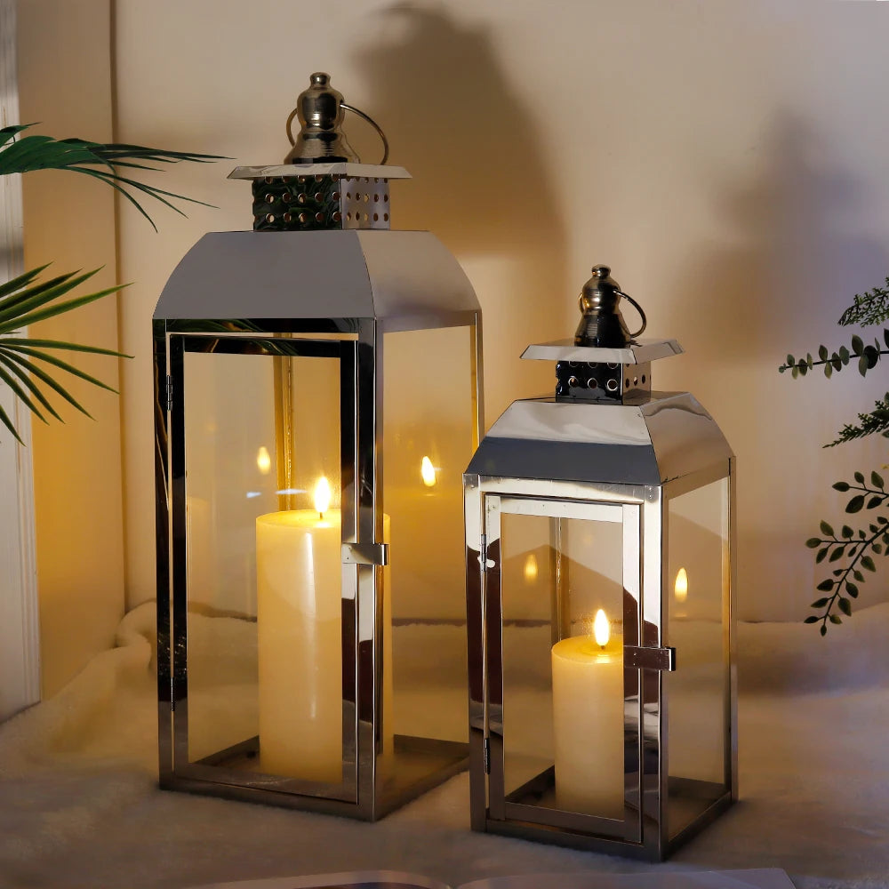 Set of 2 Wedding Candle Lantern Stainless Steel Floor Lantern Modern Decorative Candle Holder