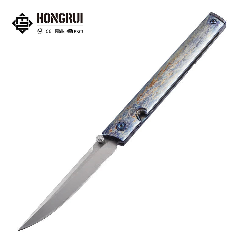 Hongrui 2026 New Design CNC D2 Steel Outdoor Folding Knife Fine Sand Finish with TC4 Titanium Alloy Handle for Easy to Carry