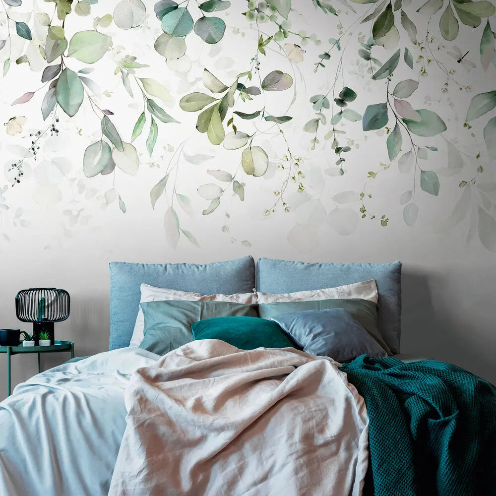 Made in Germany Photo Wallpaper Murals Leaves Green Blue White Non Woven Vinyl Wall Mural Leaf Tendril for Hotel - 371 x 280 m