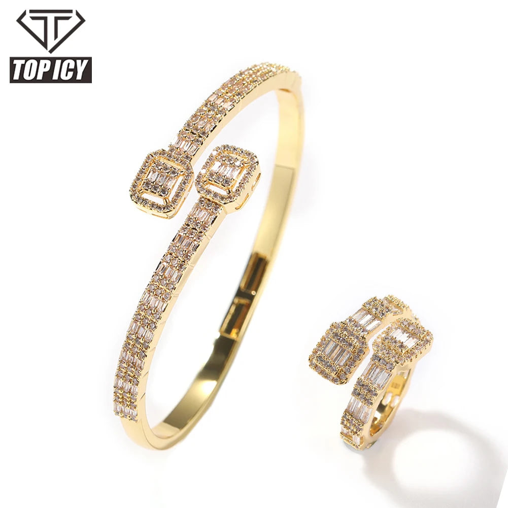 14K Gold Plated Iced out Bangles Bracelet Ring Set Women's Hip Hop Wedding Jewelry Baguette CZ Lab Diamond for Parties Gifts