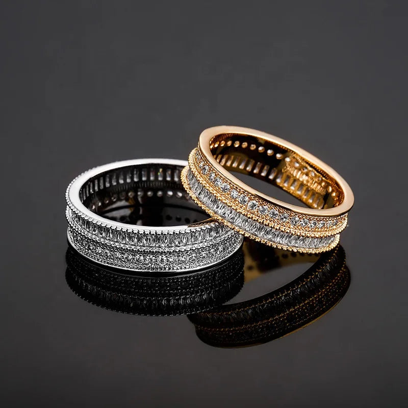 Fashion Personality Baguette CZ Rings Iced Out Micro Pave Round Cubic Zircon Hip Hop Ring Bling Brass Gold Plated Rapper Jewelry