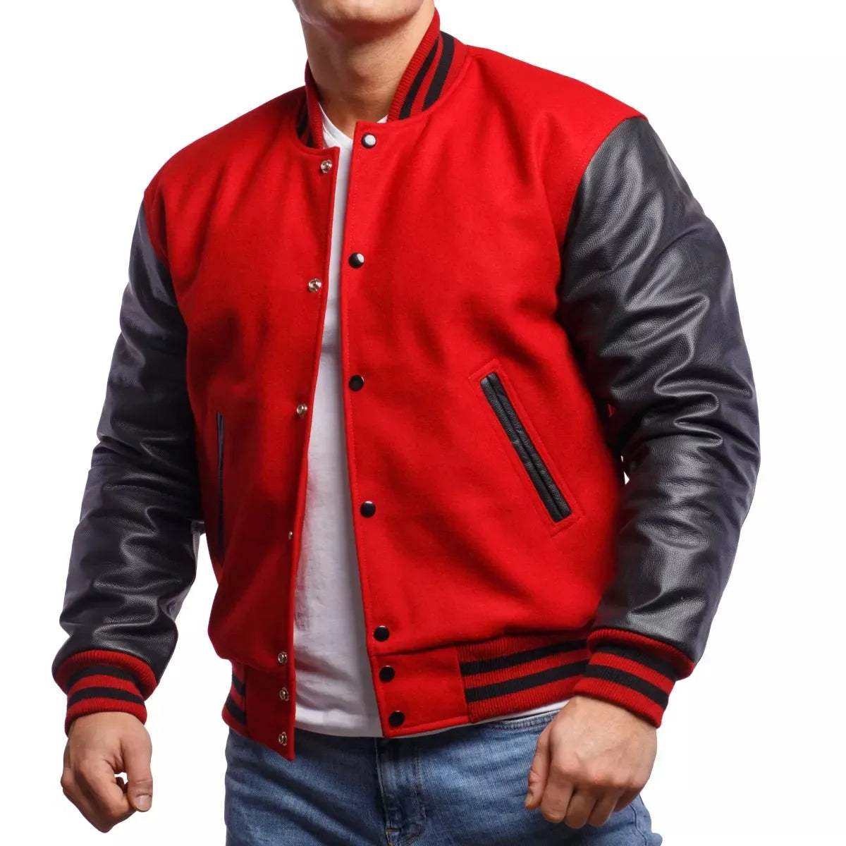 Custom Red Men's Varsity Jacket Black Wool Body Winter College Letterman Baseball Bomber Front Waterproof Breathable Quick Dry