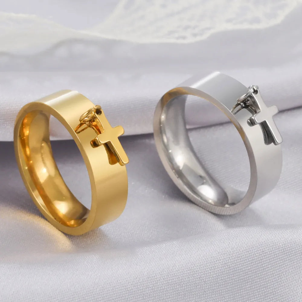 Wholesale Women Classic Gold Plated Stainless Steel Christian Cross Eternity Band Dangle Charm Finger Ring