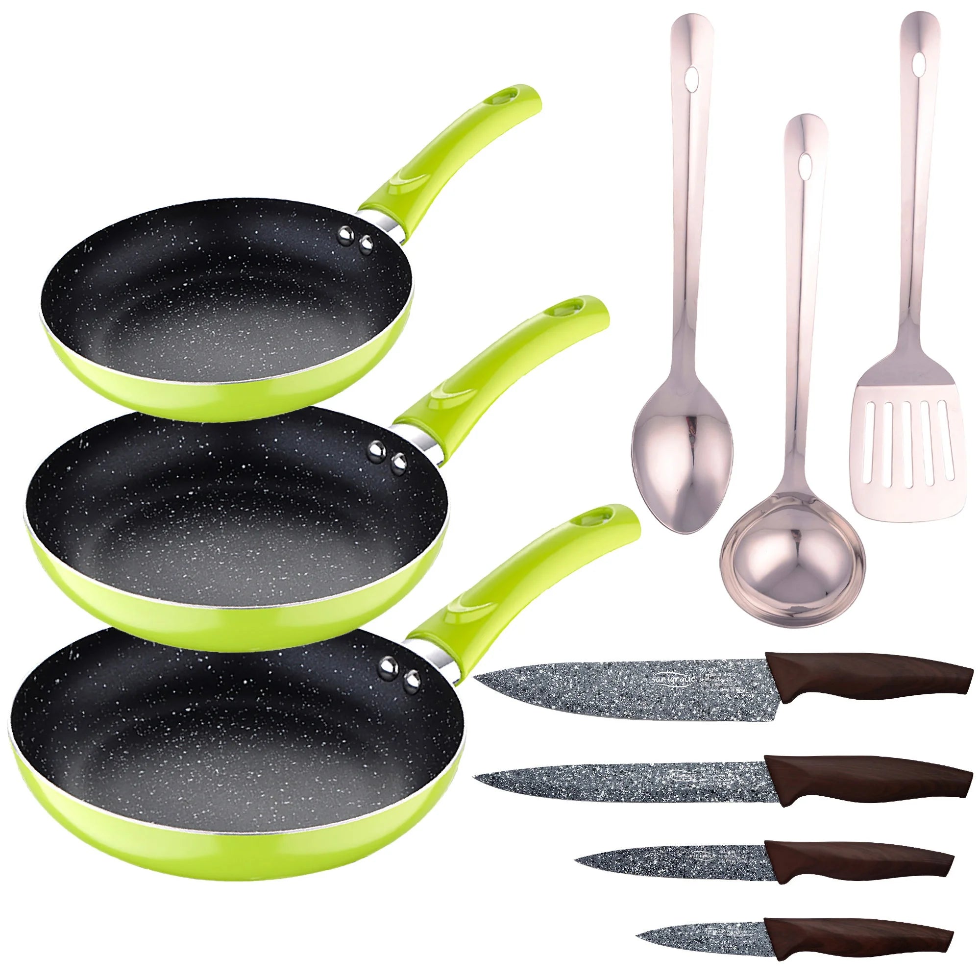 3pc frying pan set (20+24+28cm) green pressed aluminum with 3pc stainless steel kitchen utensil set with 4pc stainless steel