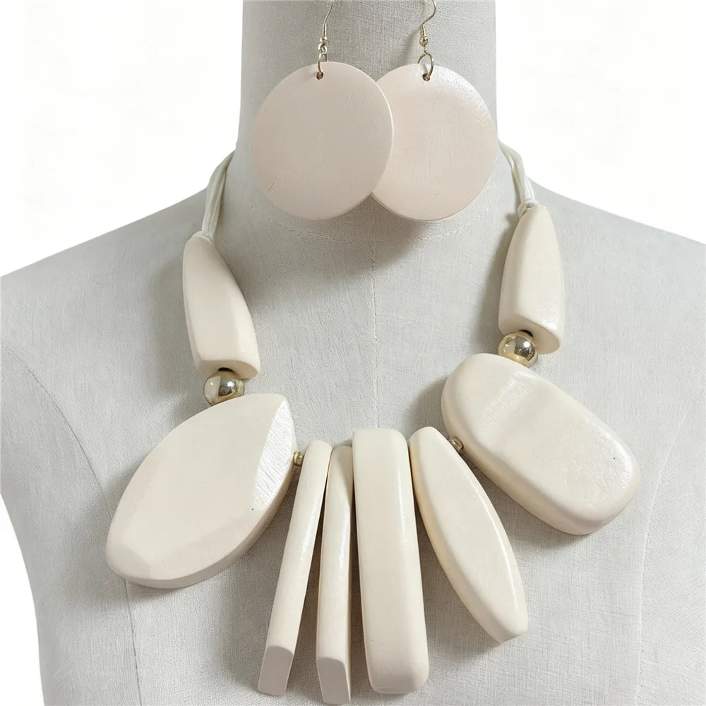 Ethnic Wood Wooden Statement African Jewelry Sets Women Original New Exaggerated Geometric Shaped Necklace Earring Set MegaBDM