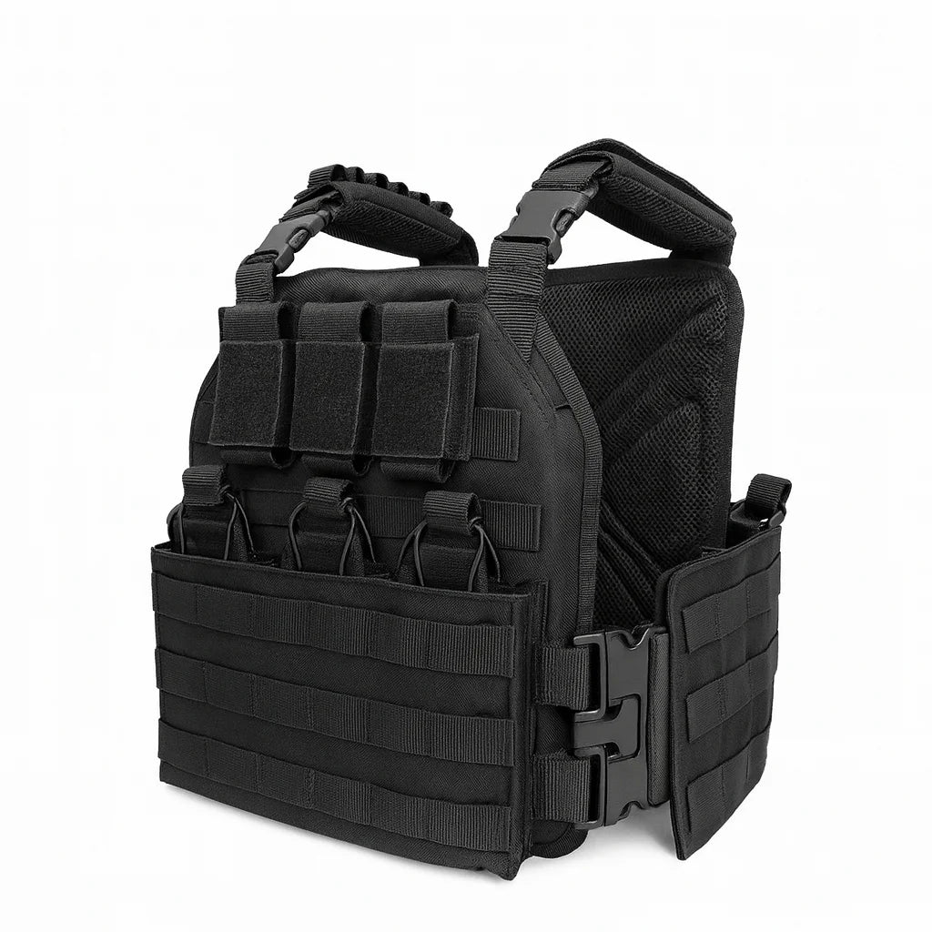 Outdoor Woodland Black Tactical Vest Quick Release Plate Carrier Vest Adjustable Structure for Training and Outdoor Use