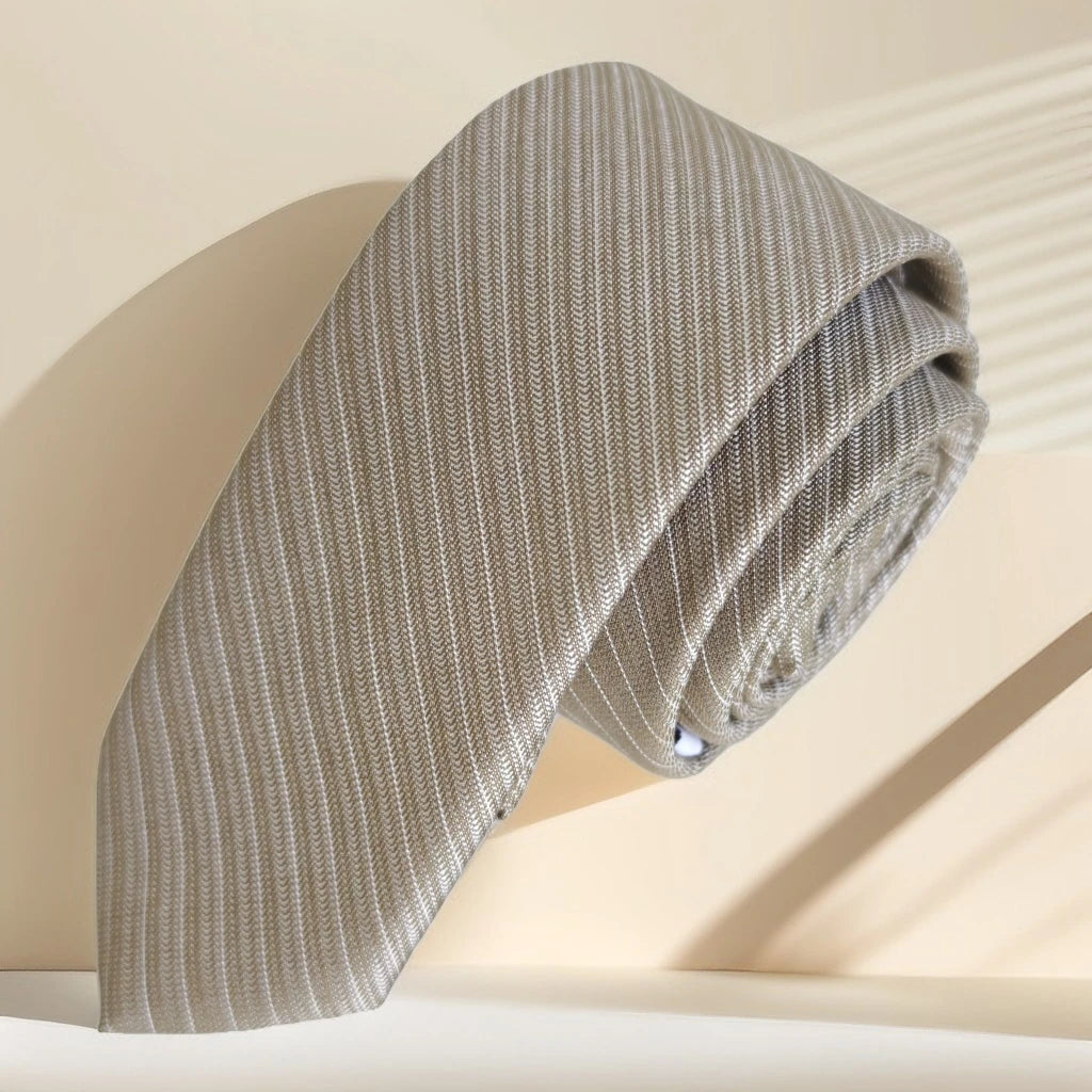 Exve Exclusive Beige and White Striped Jacquard Woven Slim Fashion Tie From Turkey