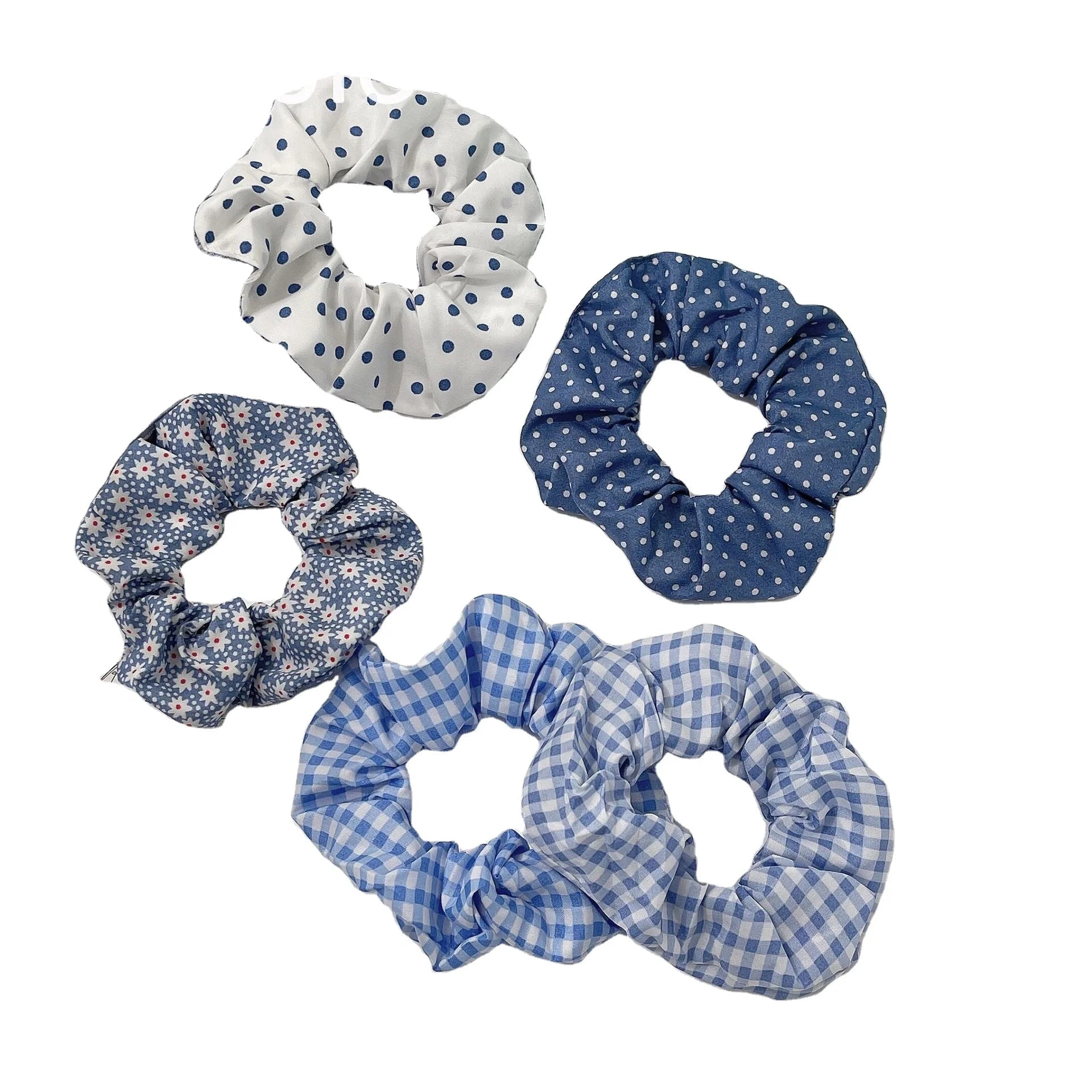 Luxury Scrunchies for Women: Korean Inspired Blue Polka Dot and Plaid Hair Ties | Soft Elastic Hair Bands for Girls