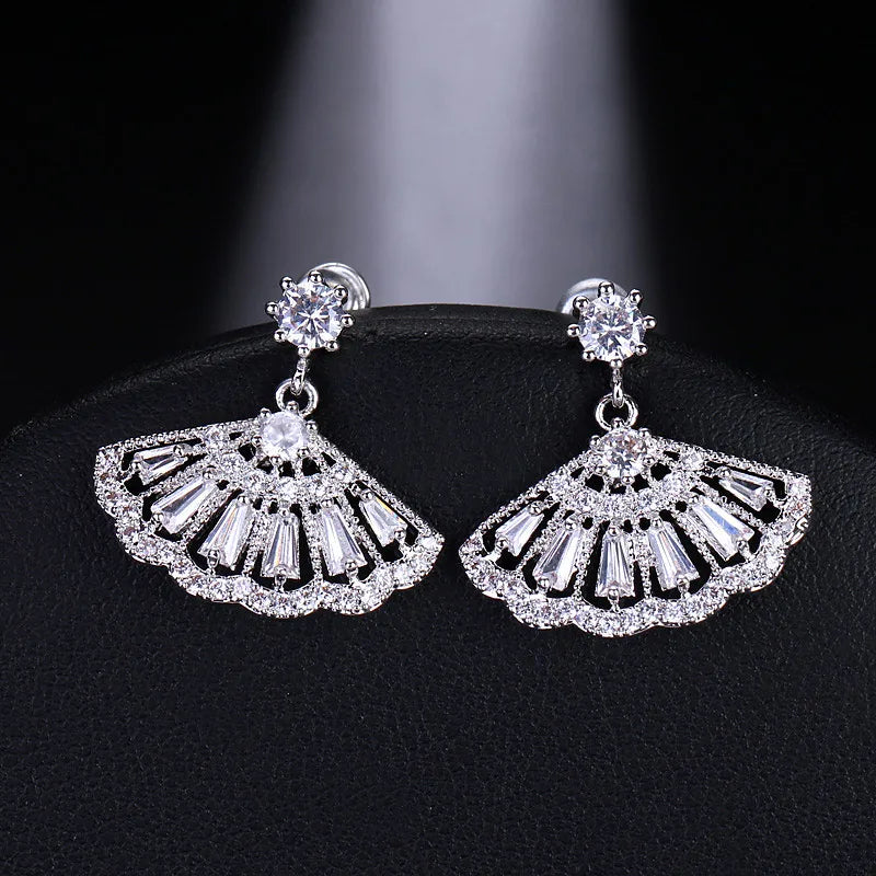 JR MOQ 2pcs Wholesale Wedding Party Jewelry Zircon CZ Silver Gold Plated Classic Drop Bridesmaids Fan Shaped Earrings