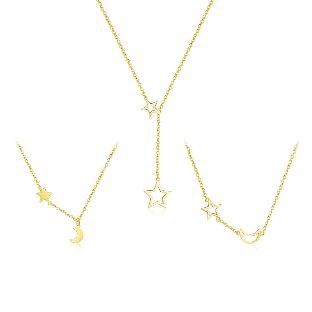 Hypoallergenic 18K Gold  Plated  925 Sterling Silver Fashion Jewelry Hollow Out Star Moon Pendant Necklace for Women