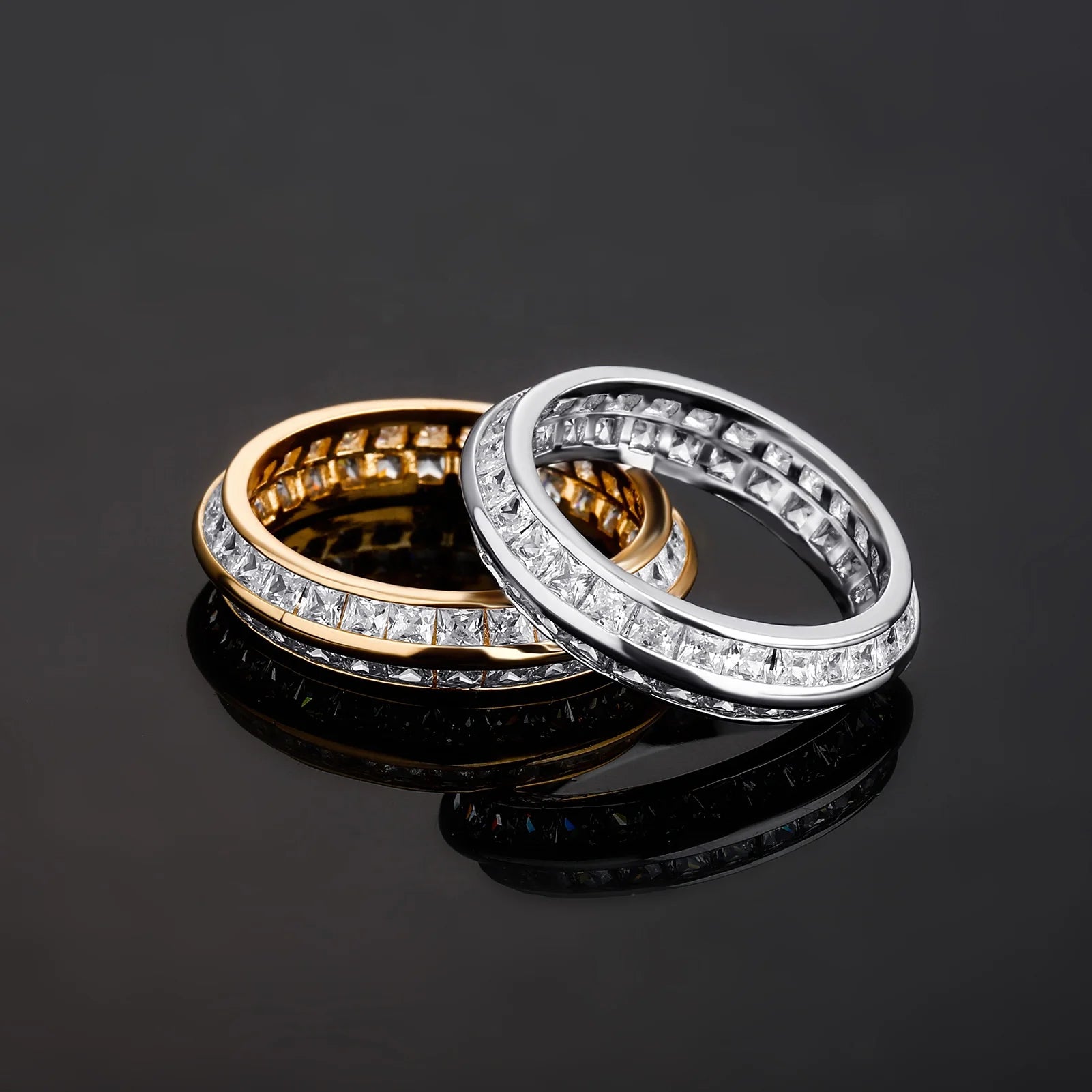 New Double Row Rhodium Plated Stainless Steel Lab Created Cubic Zircon Inlay T-Square Design Hip Hop Style Baguette Shape Rings
