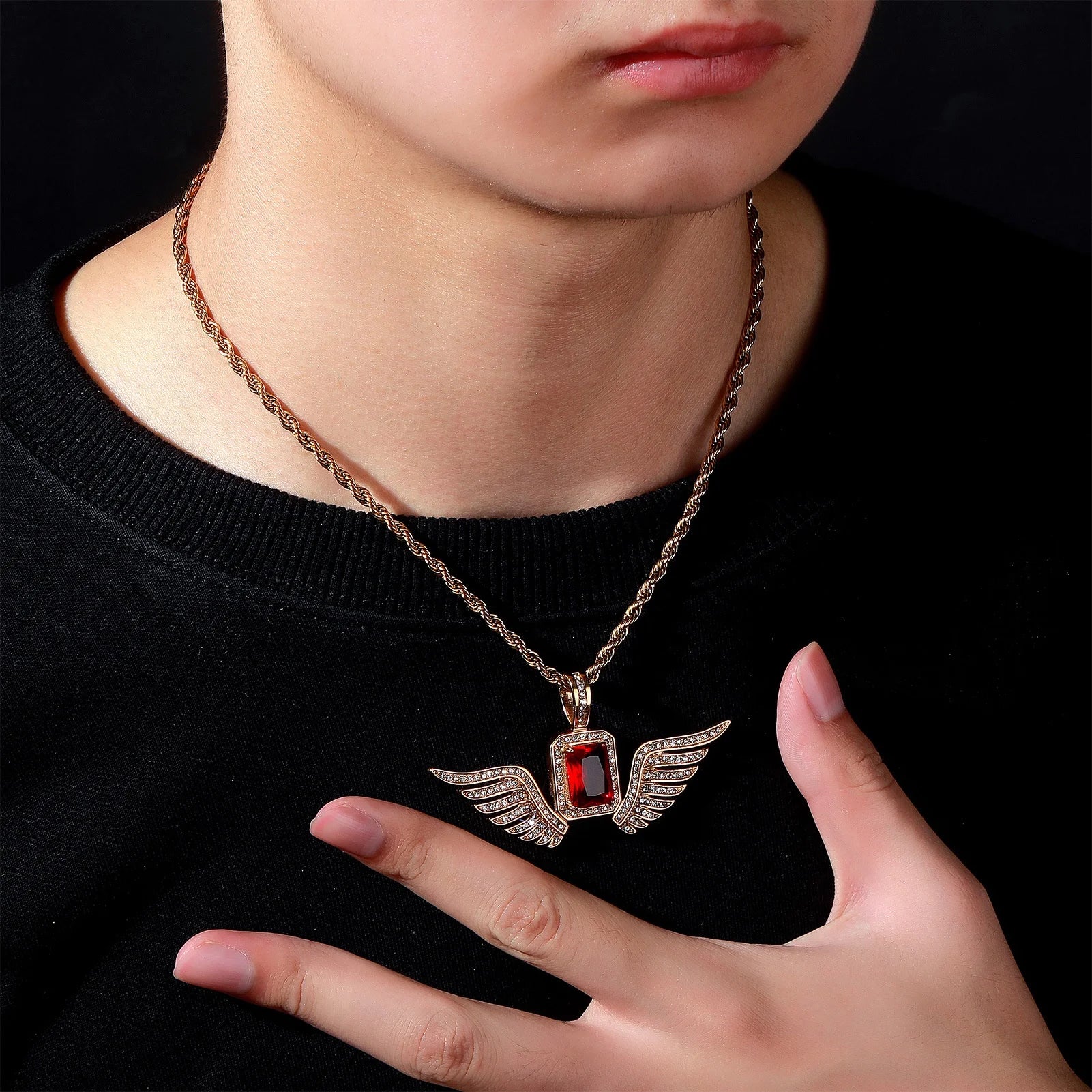 Exquisite Stainless Steel Wing Pendants with Rectangular Ruby Sparkling Zircon Accents Luxury CZ Statement Jewelry for Women Men