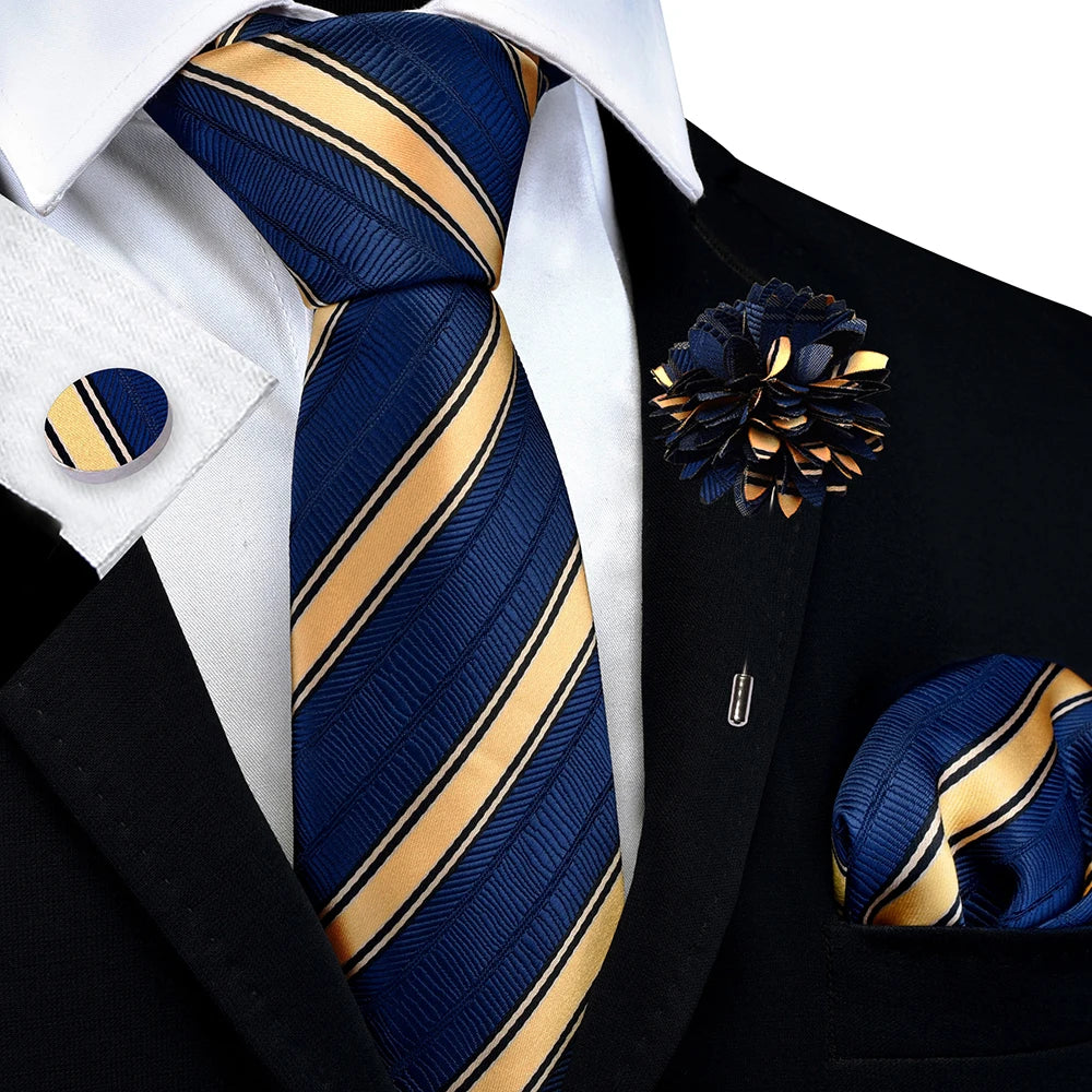Fashion Gold Green 8cm Silk Striped Tie Square Cufflinks Brooch Set for Men Suit Accessories Fit Holiday Formal Party