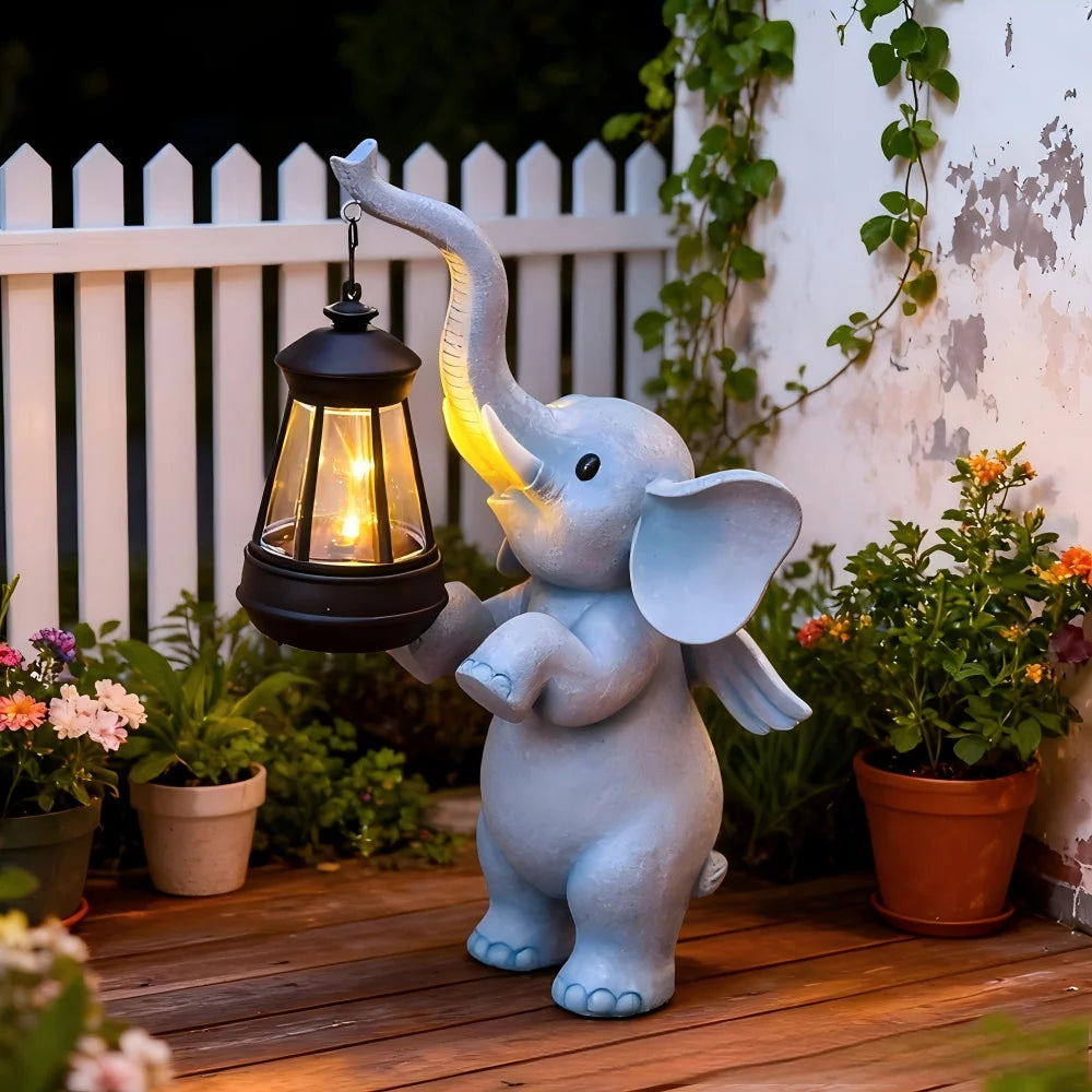 Cute Elephant Solar Garden Light Outdoor Animal Statue with LED Lantern Decorative Figurine for Yard Patio Garden MegaBDM