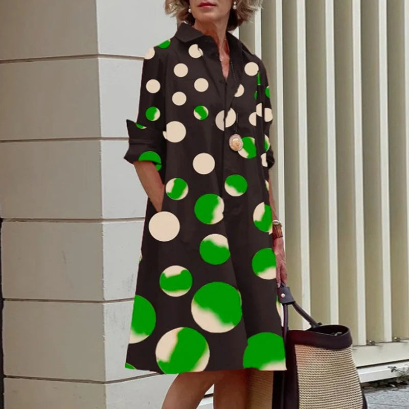 2025 Autumn New Product Fashionable and Elegant Polka Dot Printed Shirt-Collar Long-Sleeve Midi Dress