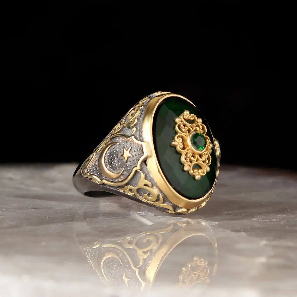 Turkish Style Vintage 925 Sterling Silver Men's Ring with Rhodium and Gold Bi-color Plating Model RCEGYT-263