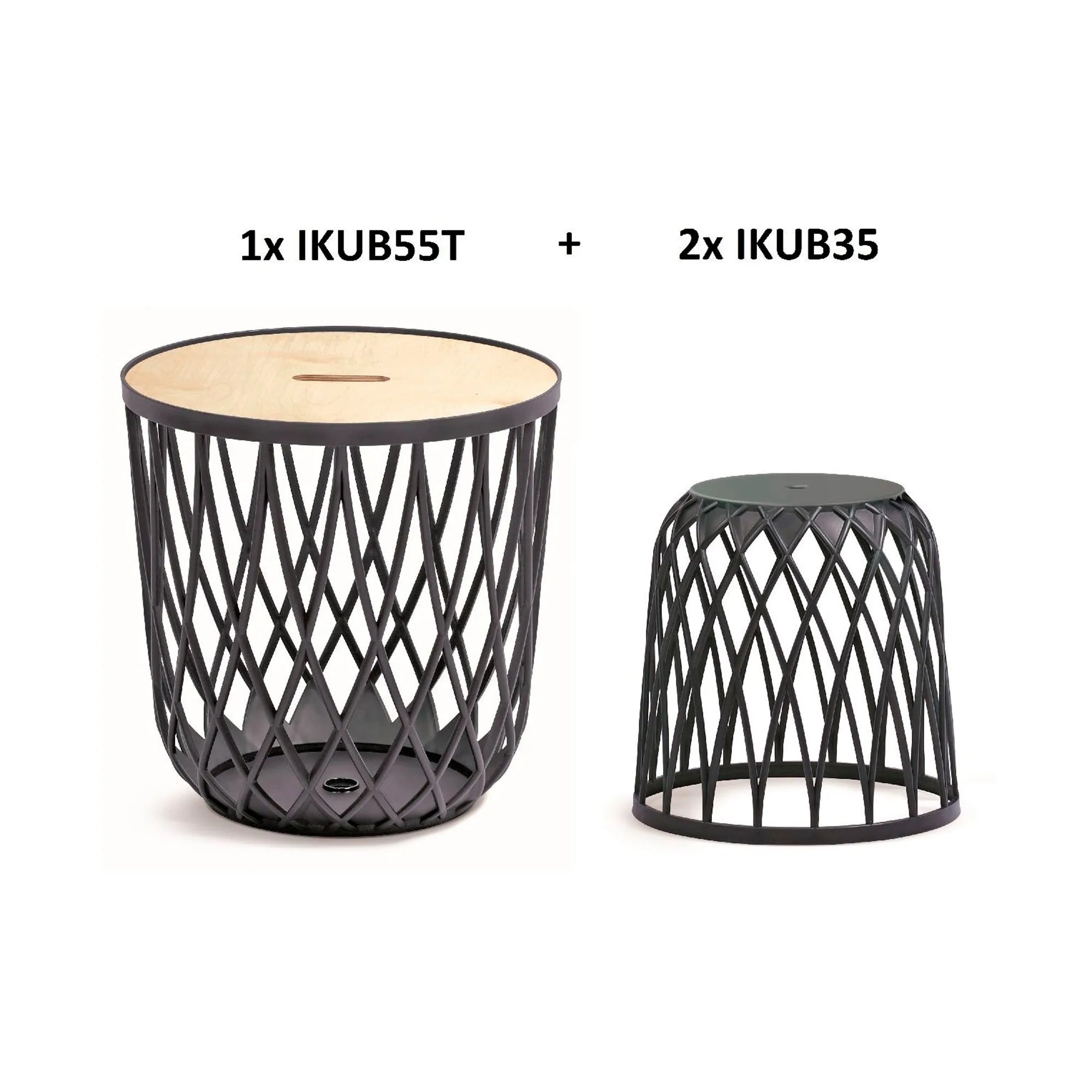 Set of 3 Prosperplast Uniqubo 55L multifunctional baskets (with wooden lid) + 2 x 35L plastic baskets in anthracite color
