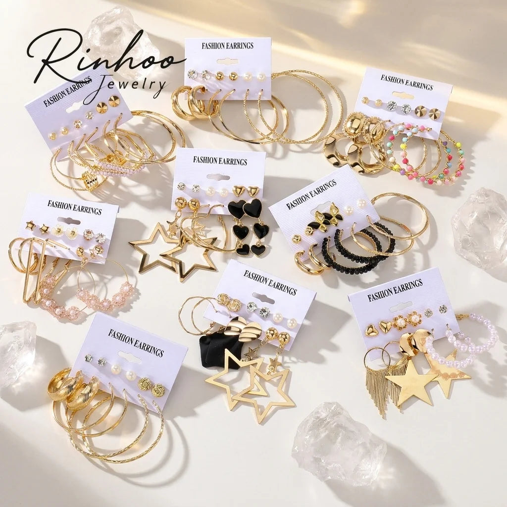 RINHOO Fashion Metal Colorful Rice Bead Hoop Geometric Round Pearl Stud Earrings Vintage Earring 6-Piece Set For Women Gift MegaBDM