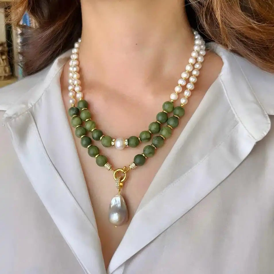 Jade and Pearl Necklace Set for Women Baroque Pearl Pendant Wife Anniversary Birthday Gift