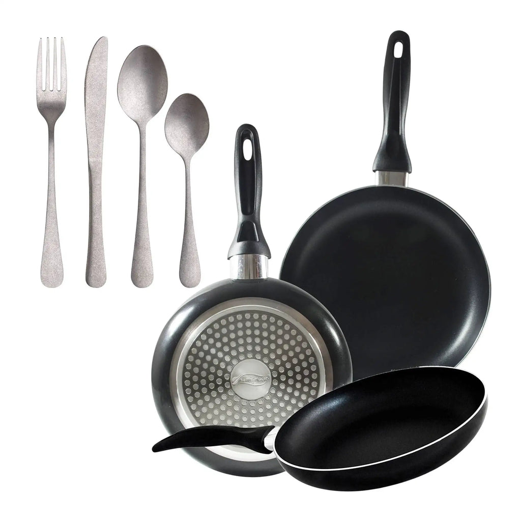 Set of 3 San Ignacio frying pans (16 20 24cm) pressed aluminum suitable for induction + Set of 16 Stainless Steel Cutlery