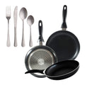 Set of 3 San Ignacio frying pans (16 20 24cm) pressed aluminum suitable for induction + Set of 16 Stainless Steel Cutlery