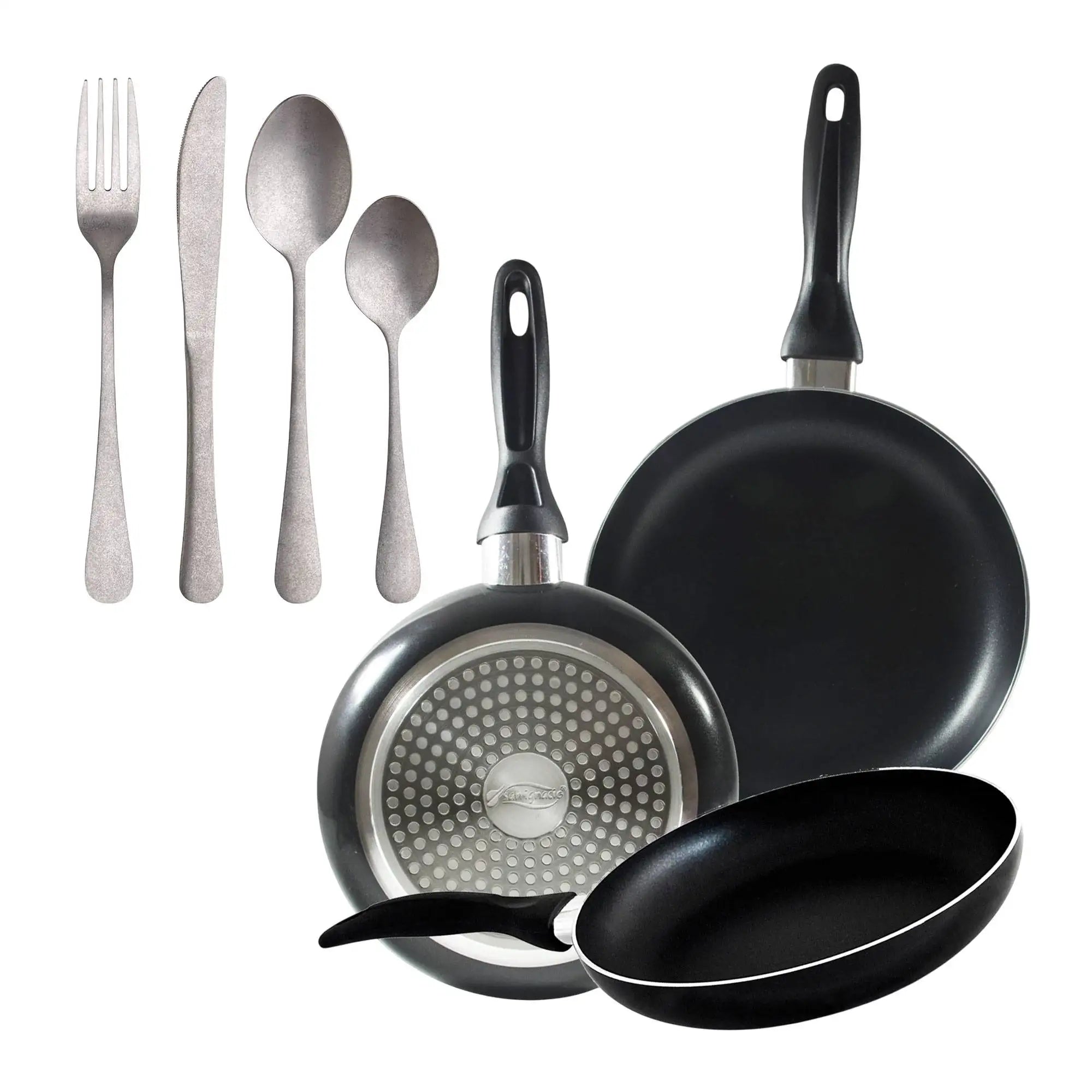 Set of 3 San Ignacio frying pans (16 20 24cm) pressed aluminum suitable for induction + Set of 16 Stainless Steel Cutlery