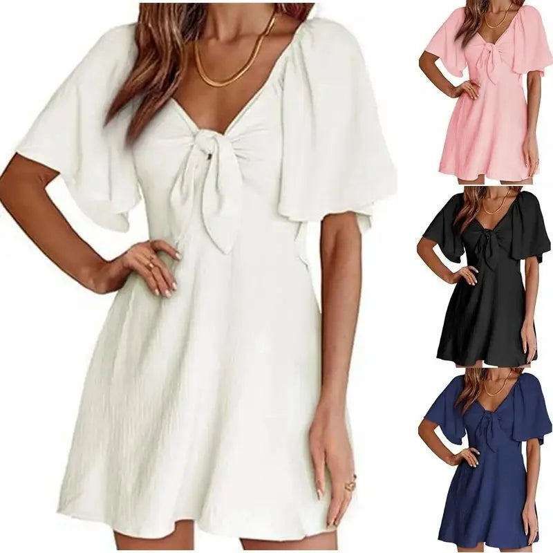 Summer New Arrival Women's Dress Solid Color Belted Waist Tie-Up Short Sleeve Dress Loose Fit Slimming Short Dress