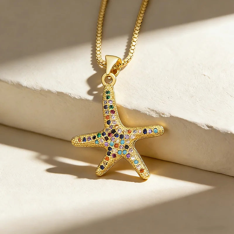 QIKU Sea Star Shape Colorful Crystal Necklace Women Accessories Starfish Pendant Copper Zircon Jewelry Men Gift Wholesale Price