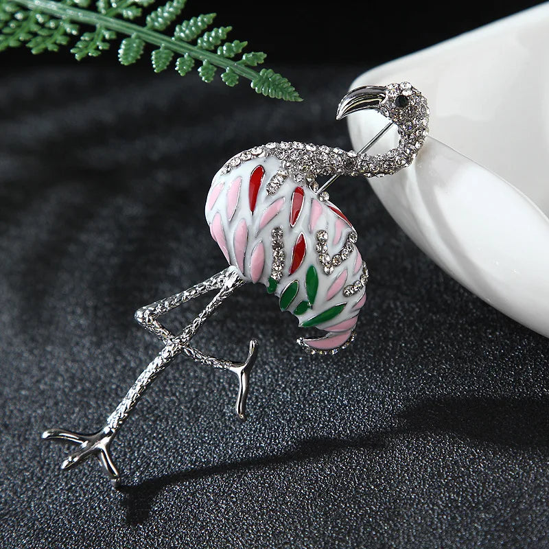 Jewelry  Metal Enameled Zinc Alloy Elegant Animal Flamingo Spiked-billed Crane Fashion Rhinestone Pin Brooch for Ladies