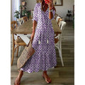 2025 European and American Casual Sweet Regular V-neck Digital Printing Woven Natural Waist Washable Long Dress for Women