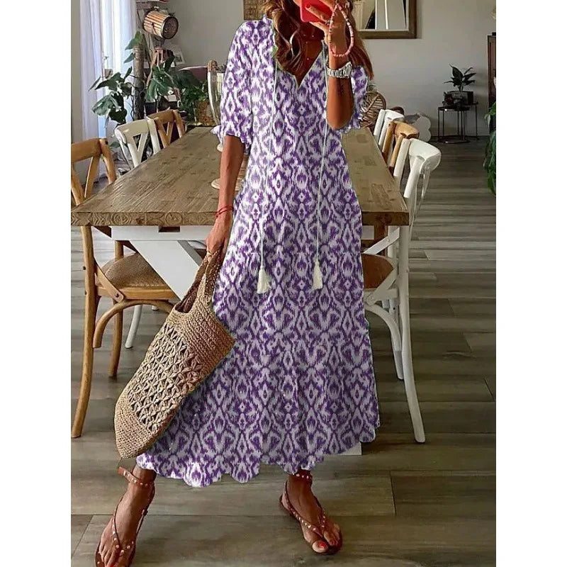 2025 European and American Casual Sweet Regular V-neck Digital Printing Woven Natural Waist Washable Long Dress for Women