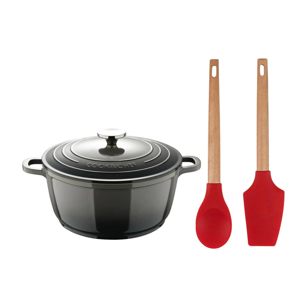 EXCALIBUR Bergner 20cm 2.4L Casserole Set with Cast Aluminum Lid + 2 Kitchen Utensils (Spoon Spatula) with Silicone and Wooden