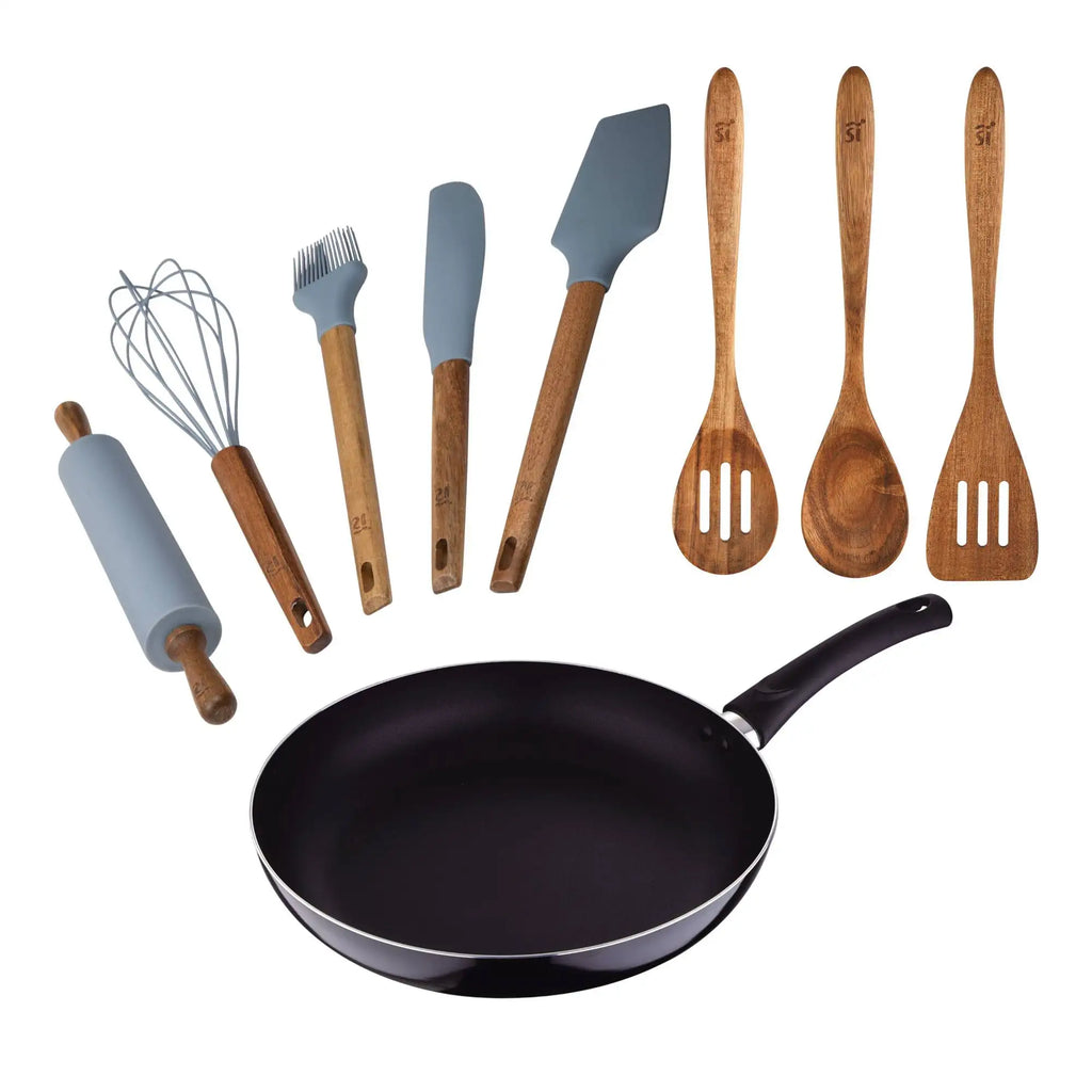 PIXEL Chef Saucepan Set (24x4.5cm) - Pressed Aluminum + 3 Wooden Kitchen Utensils + 5 Silicone Kitchen Utensils