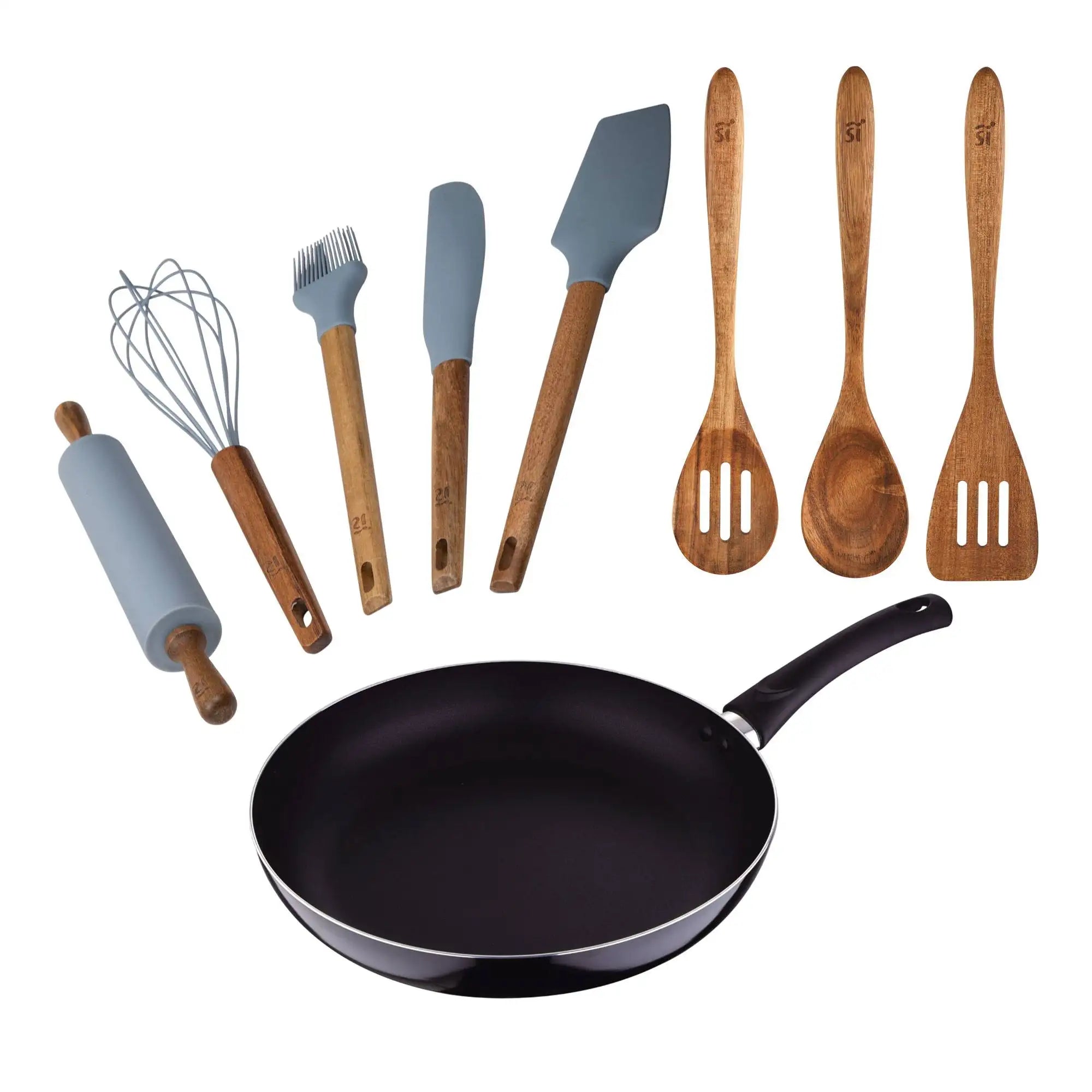 PIXEL Chef Saucepan Set (24x4.5cm) - Pressed Aluminum + 3 Wooden Kitchen Utensils + 5 Silicone Kitchen Utensils