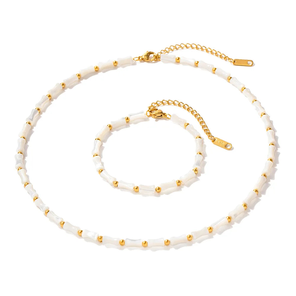 Natural Shell Stainless Steel Gold Plated Vintage Jewelry Set Necklace and Bracelet for Women