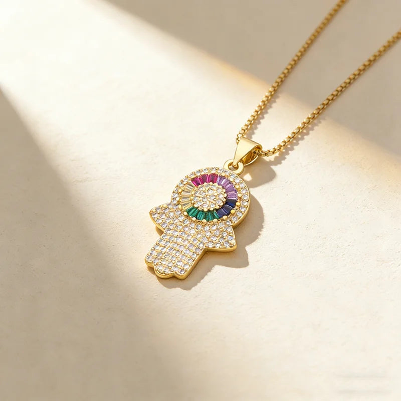 QIKU Creative Geometric Luxury Rhinestone Necklace Women Pendant Gold Color Copper Zircon Jewelry Accessory Gift Wholesale Price