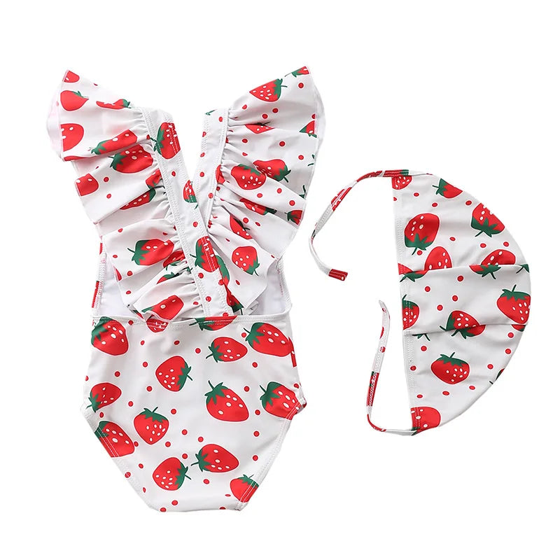 Summer Hot Sell Children Swimsuit and Cap 2pcs Sets Girls Beautiful Swimsuit Sets Kid Cute Stripe Sleeveless Swimwear