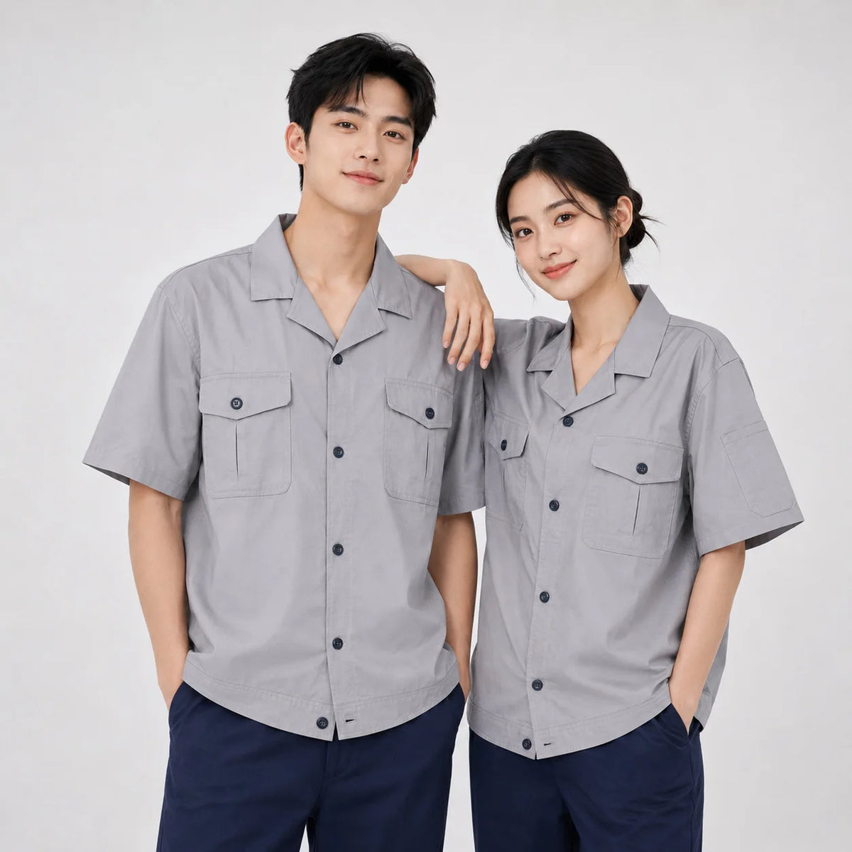 Custom Logo Breathable Short Sleeve Cotton Unisex Industrial Work Shirt with Dual Chest Pockets and Pen Pocket MegaBDM