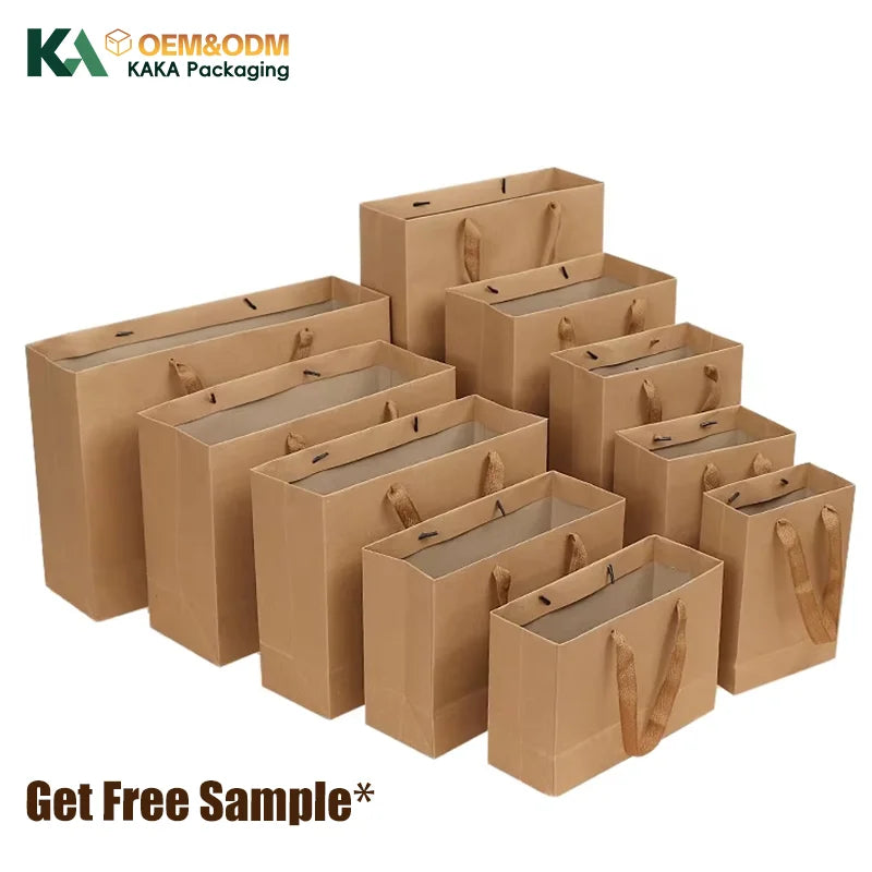 KAKA Custom Logo Eco-friendly Brown Kraft Paper Bag with Durable Ribbon Handles Luxury Retail Shopping Packaging Bags