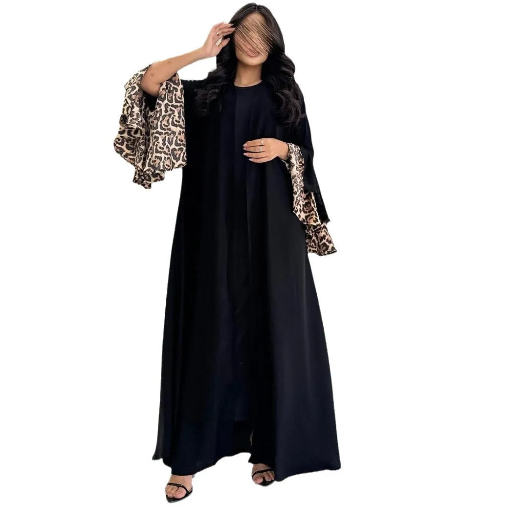 Leopard Print Pleated Sleeves Black Open Muslim Dress Dignified Islamic Muslim Abaya Woman