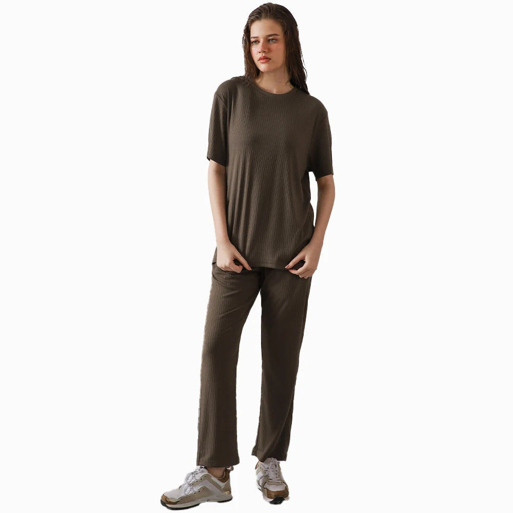 Y2K Ribbed Knit  Set Short Sleeve Top with Elastic Waist Pants Solid Brown Two Piece Women's Casual Streetwear Outfit