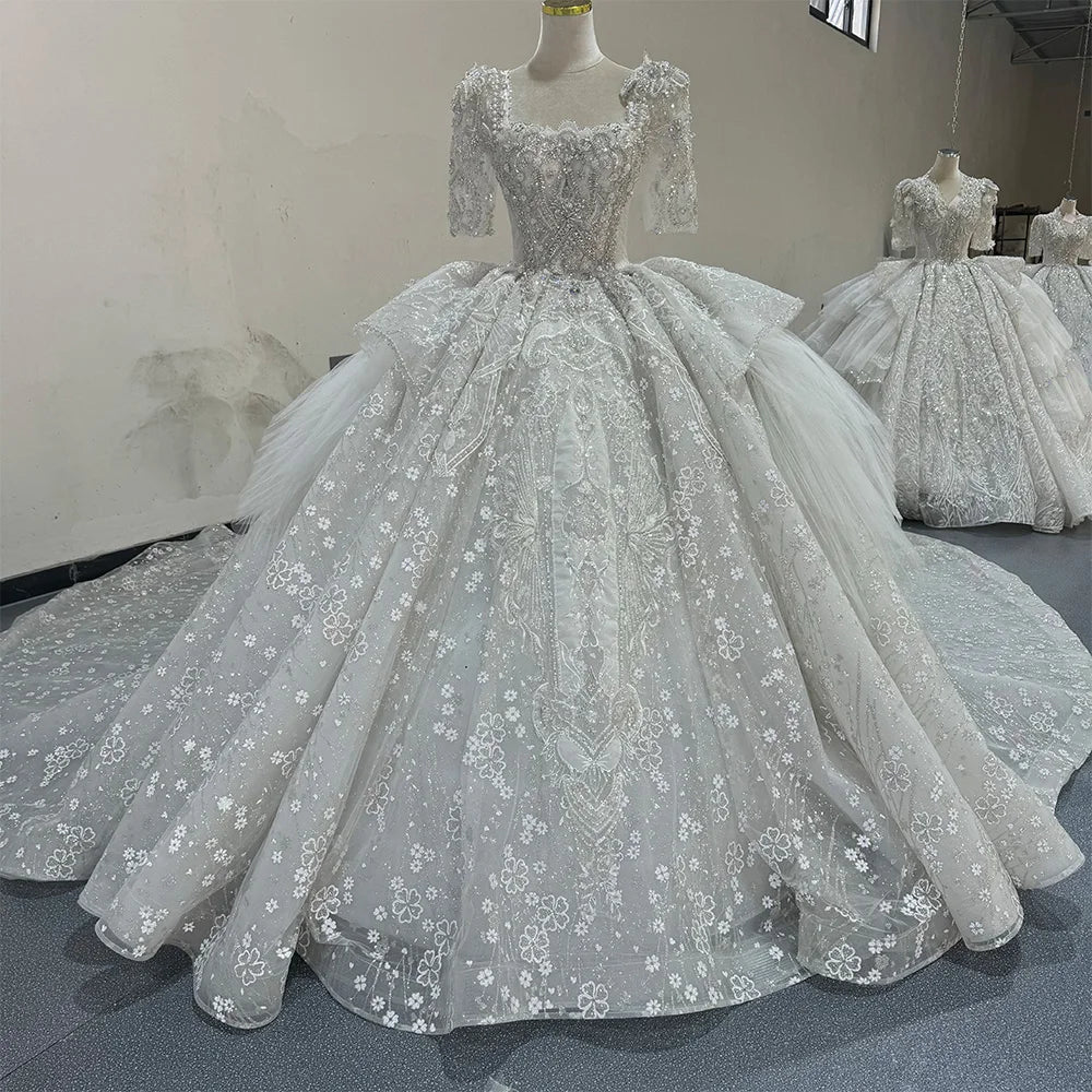 Jancember MN236 Luxury Half Sleeve Square Collar Ball Gown Wedding Dresses