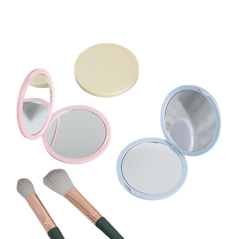 Double-Sided Flip Foldable Compact Mirror-Portable Round Plastic Makeup Mirror with Customizable Logo in 5 Colors for Gifts